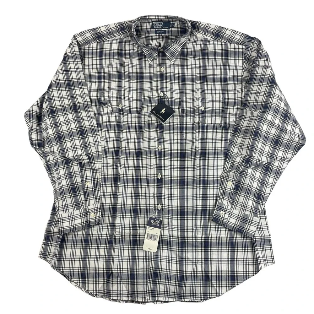 Polo Ralph Lauren Benford Shirt Mens XL White Blue Plaid Cotton Button Front NWT
